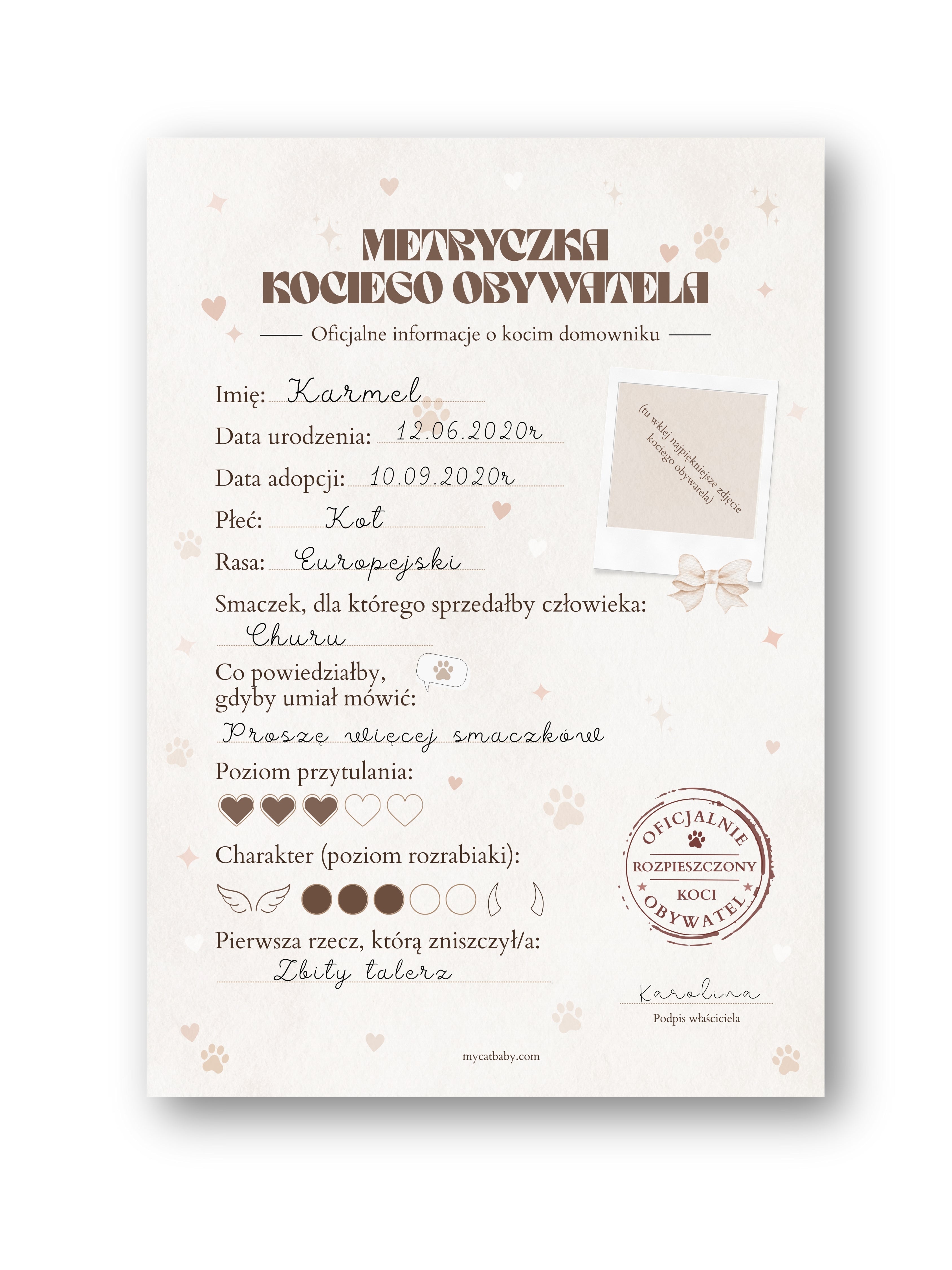 Metryczka Kociego Obywatela - Dyplom